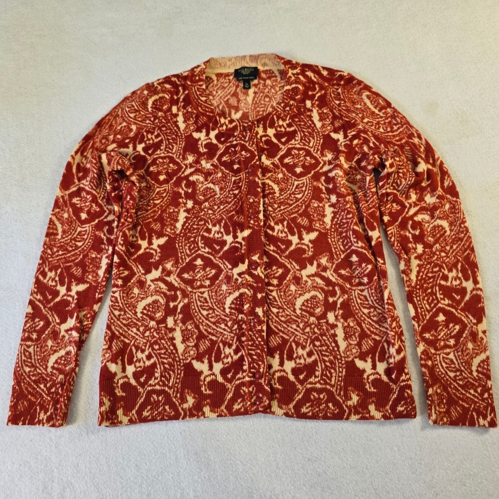 Talbots Petites Merino Wool Paisley Cardigan Sweater Orange Cream Small P SP